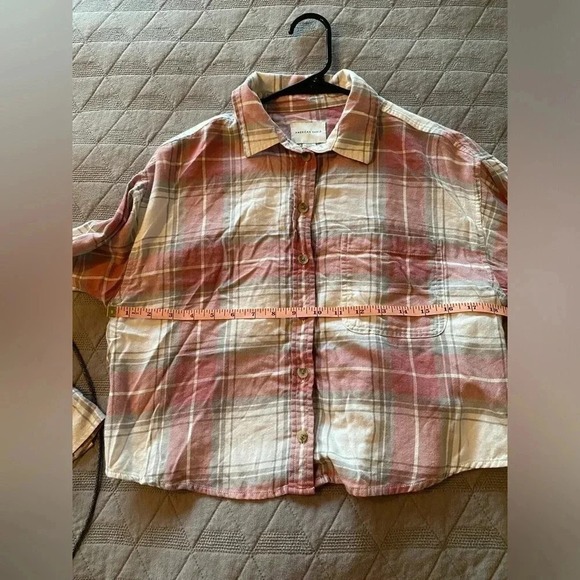 American Eagle Flannel Shirt Crop Top Plaid Button Up Long Sleeve Small - Picture 8 of 8